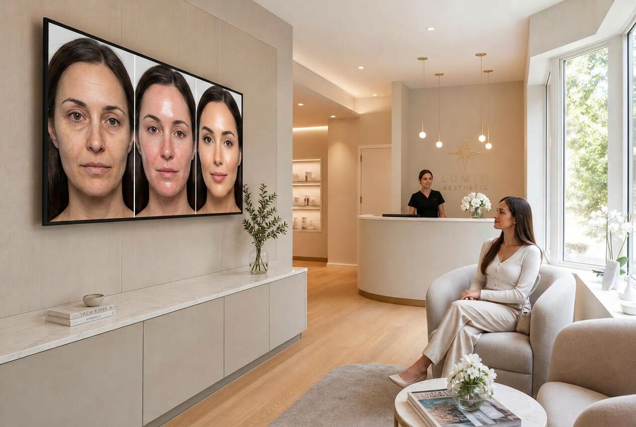 TV exibindo casos de antes e depois de harmonização facial